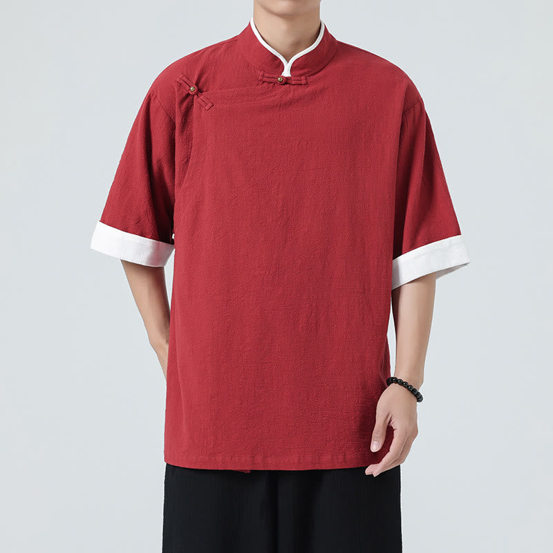 Buddha Stonesヴィンテージ 春カラーマッチングカラー 斜め前立てデザイン メンズ 半袖 コットンリネンシャツ - image 30