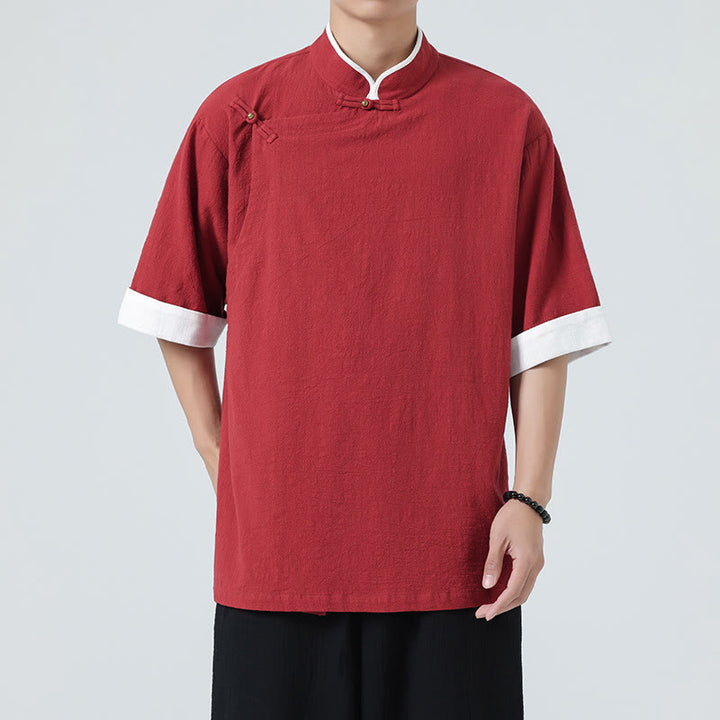 Buddha Stonesヴィンテージ 春カラーマッチングカラー 斜め前立てデザイン メンズ 半袖 コットンリネンシャツ - image 30