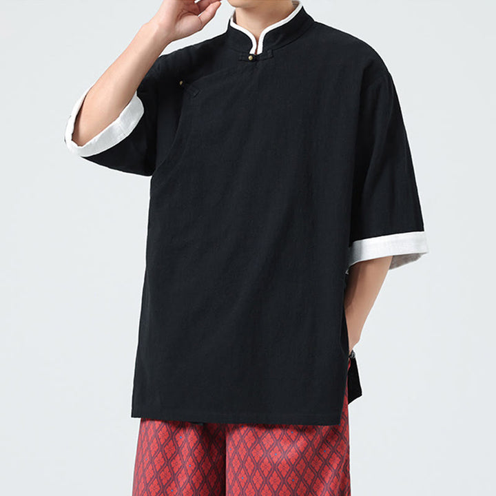 Buddha Stonesヴィンテージ 春カラーマッチングカラー 斜め前立てデザイン メンズ 半袖 コットンリネンシャツ - image 20