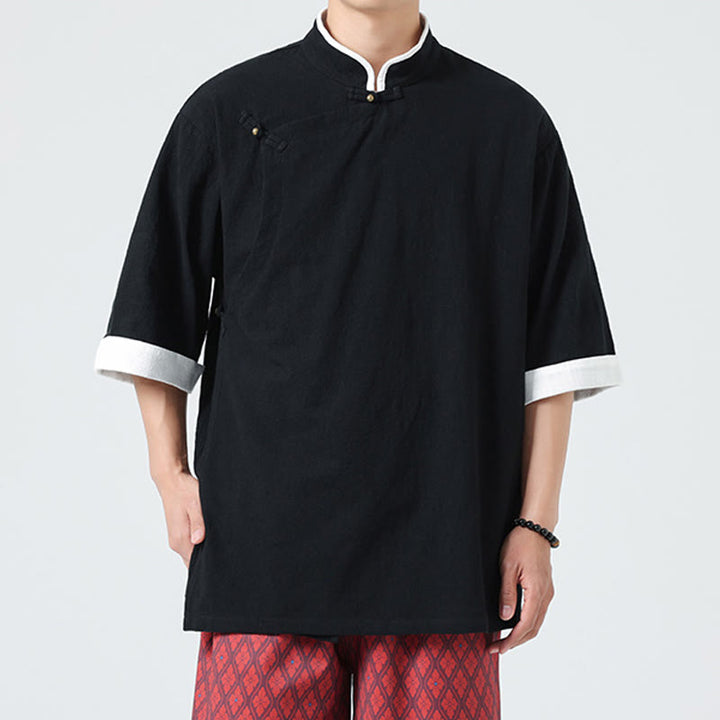 Buddha Stonesヴィンテージ 春カラーマッチングカラー 斜め前立てデザイン メンズ 半袖 コットンリネンシャツ - image 17