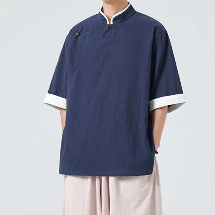 Buddha Stonesヴィンテージ 春カラーマッチングカラー 斜め前立てデザイン メンズ 半袖 コットンリネンシャツ - ミッドナイトブルー - US/UK/AU46、 EU56 (5XL) - image 0