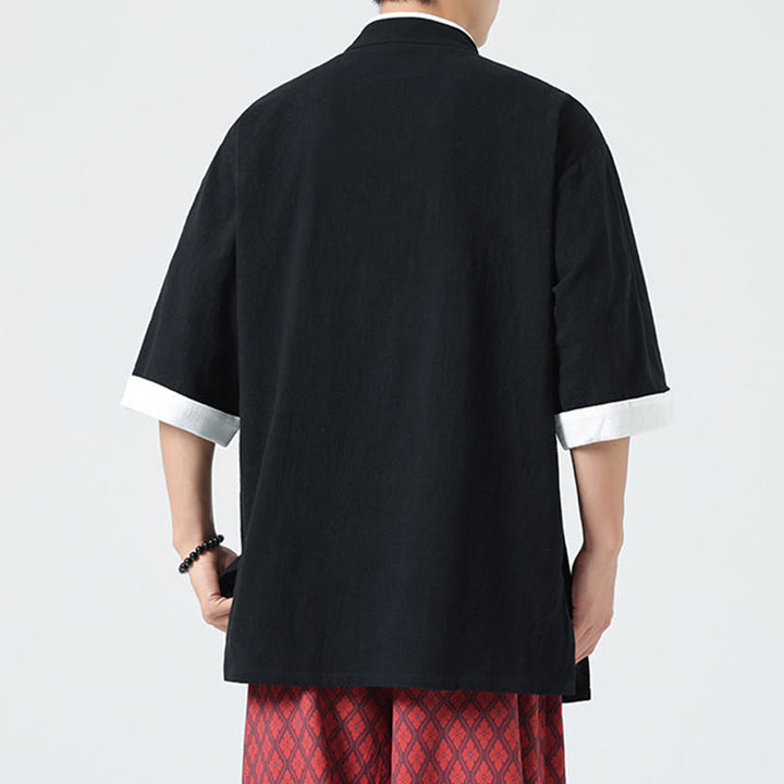 Buddha Stonesヴィンテージ 春カラーマッチングカラー 斜め前立てデザイン メンズ 半袖 コットンリネンシャツ - image 19