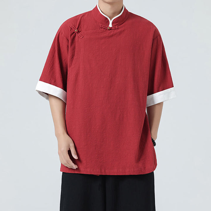 Buddha Stonesヴィンテージ 春カラーマッチングカラー 斜め前立てデザイン メンズ 半袖 コットンリネンシャツ - image 28