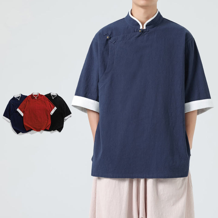 Buddha Stonesヴィンテージ 春カラーマッチングカラー 斜め前立てデザイン メンズ 半袖 コットンリネンシャツ - image 7