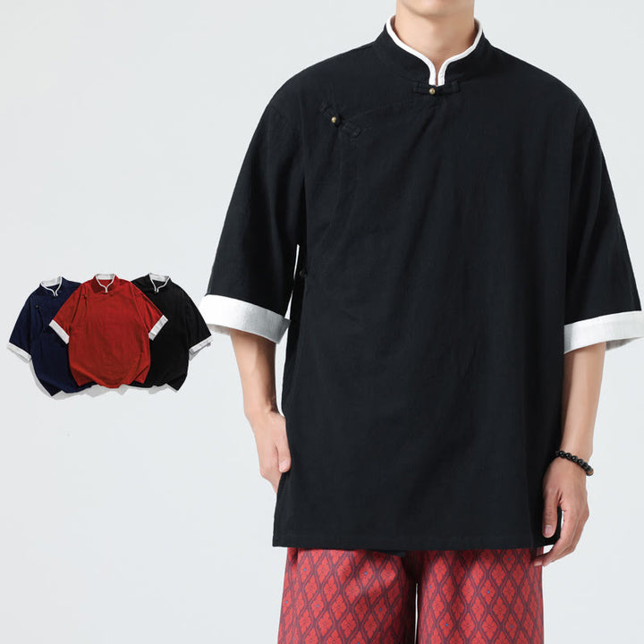 Buddha Stonesヴィンテージ 春カラーマッチングカラー 斜め前立てデザイン メンズ 半袖 コットンリネンシャツ - 黒 - US/UK/AU46、 EU56 (5XL) - image 14