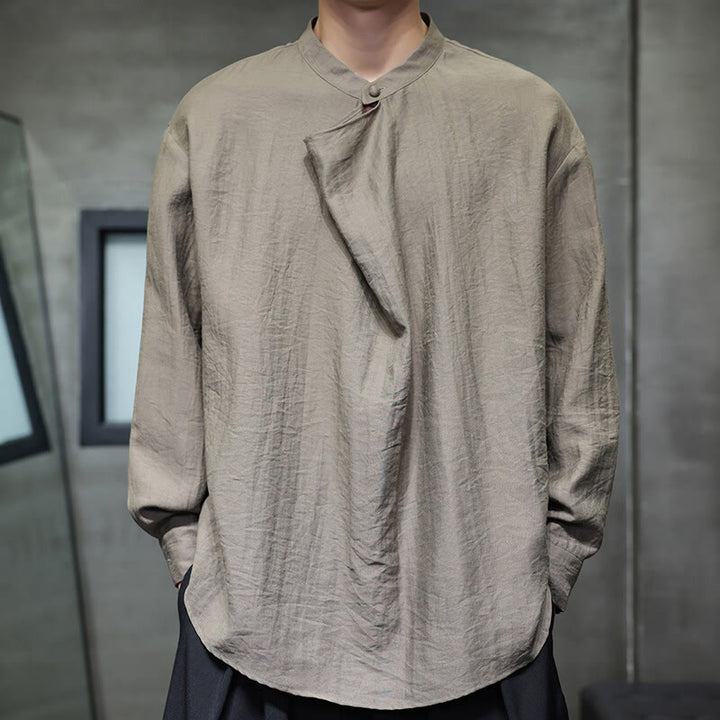 Buddha Stones春 無地 プリーツ スタンドカラー デザイン タンスーツ メンズ 長袖 リネン シャツ - image 3