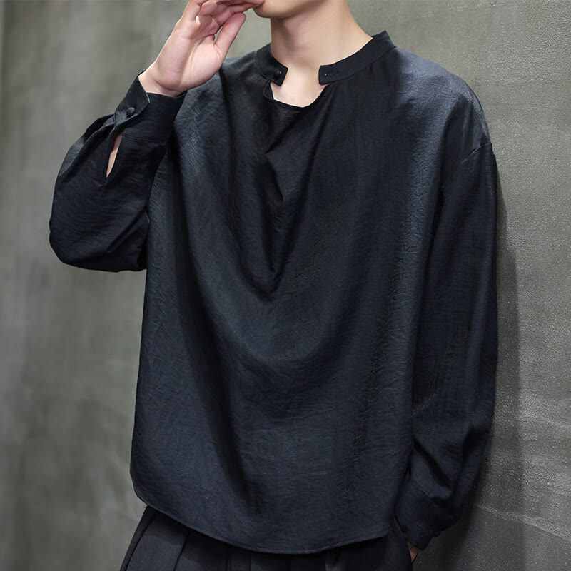 Buddha Stones春 無地 プリーツ スタンドカラー デザイン タンスーツ メンズ 長袖 リネン シャツ - image 9