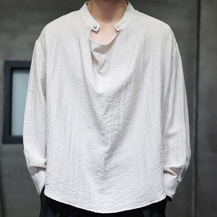 Buddha Stones春 無地 プリーツ スタンドカラー デザイン タンスーツ メンズ 長袖 リネン シャツ - image 21