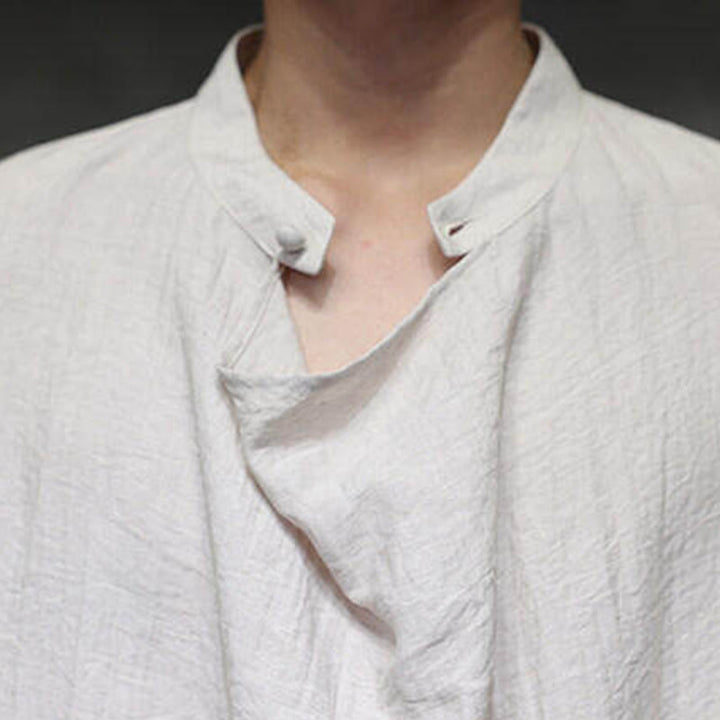 Buddha Stones春 無地 プリーツ スタンドカラー デザイン タンスーツ メンズ 長袖 リネン シャツ - image 23