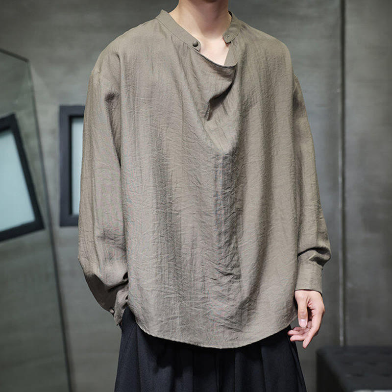 Buddha Stones春 無地 プリーツ スタンドカラー デザイン タンスーツ メンズ 長袖 リネン シャツ - image 4