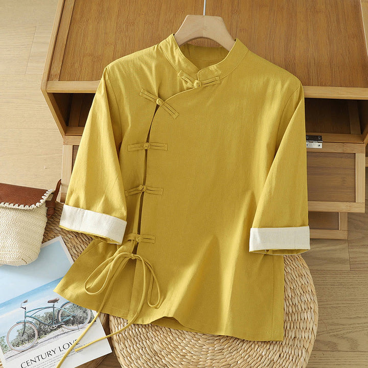 Buddha Stonesカジュアル ヴィンテージ 中国風 カエルボタン レースアップ パッチワークデザイン レディース コットンシャツ
