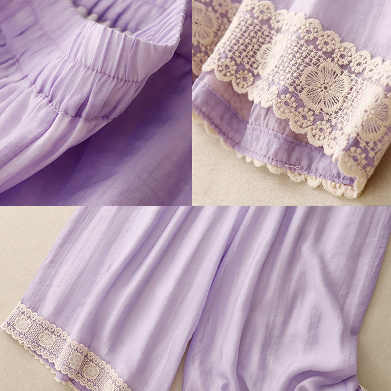 Buddha Stones春 ヴィンテージ カジュアル 無地 レース パッチワーク カフ レディース コットン リネン ワイドレッグ パンツ ポケット付き - image 19