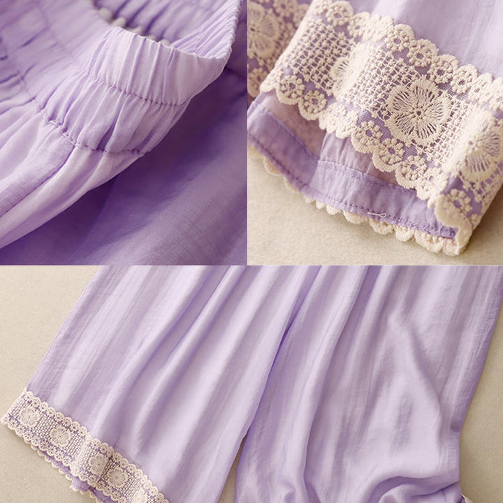 Buddha Stones春 ヴィンテージ カジュアル 無地 レース パッチワーク カフ レディース コットン リネン ワイドレッグ パンツ ポケット付き - image 19