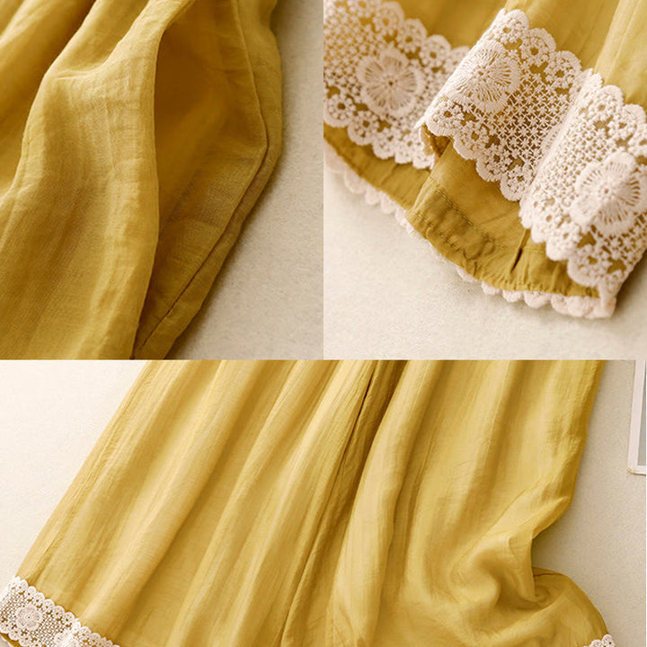 Buddha Stones春 ヴィンテージ カジュアル 無地 レース パッチワーク カフ レディース コットン リネン ワイドレッグ パンツ ポケット付き - image 2