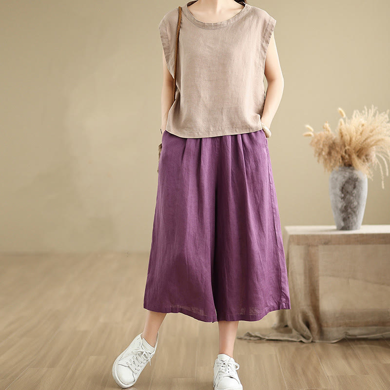 Buddha Stones夏 無地 パッチワーク シンプルデザイン レディース コットン ワイドレッグ クロップドパンツ ポケット付き - image 8