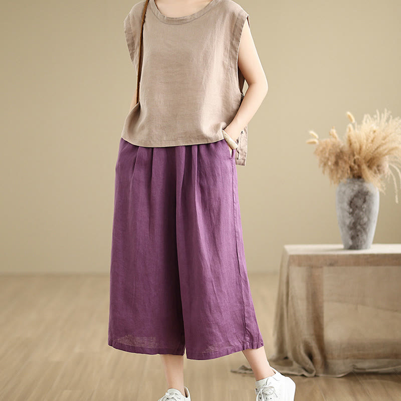 Buddha Stones夏 無地 パッチワーク シンプルデザイン レディース コットン ワイドレッグ クロップドパンツ ポケット付き - image 9
