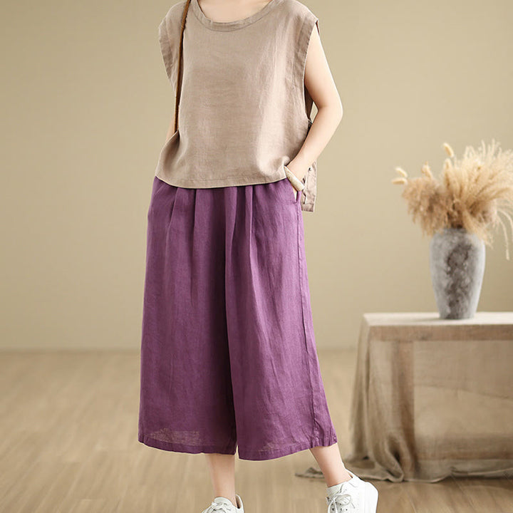 Buddha Stones夏 無地 パッチワーク シンプルデザイン レディース コットン ワイドレッグ クロップドパンツ ポケット付き - image 9