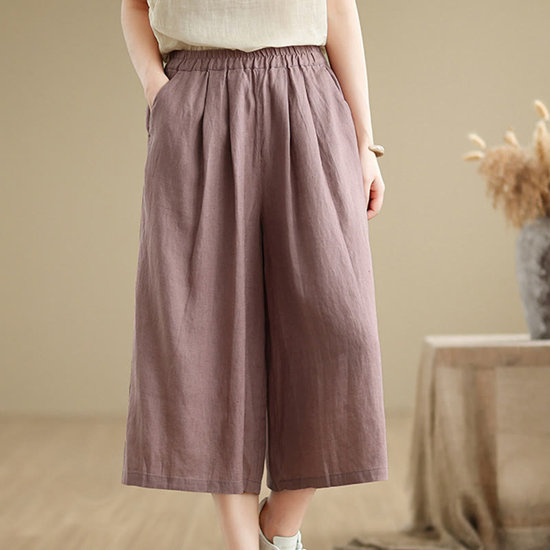 Buddha Stones夏 無地 パッチワーク シンプルデザイン レディース コットン ワイドレッグ クロップドパンツ ポケット付き - image 1