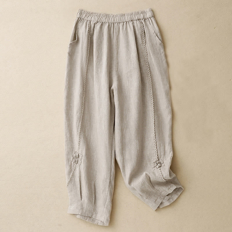 Buddha Stones夏用 カエルボタン レース ハイウエスト レディース コットンリネン パンツ ポケット付き - リネン - US8-10，UK/AU12-14，EU40-42 (2XL) - image 0