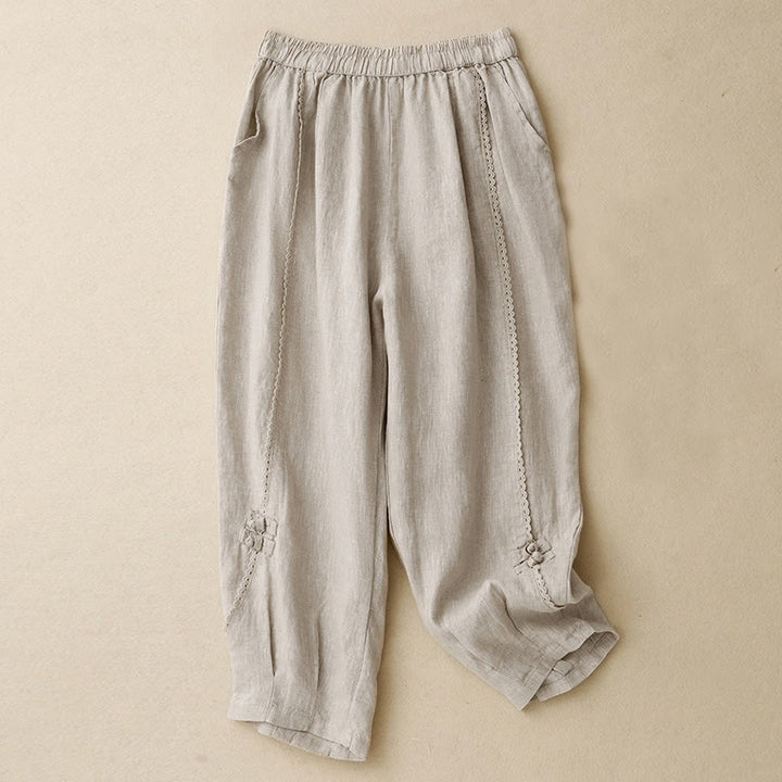 Buddha Stones夏用 カエルボタン レース ハイウエスト レディース コットンリネン パンツ ポケット付き
