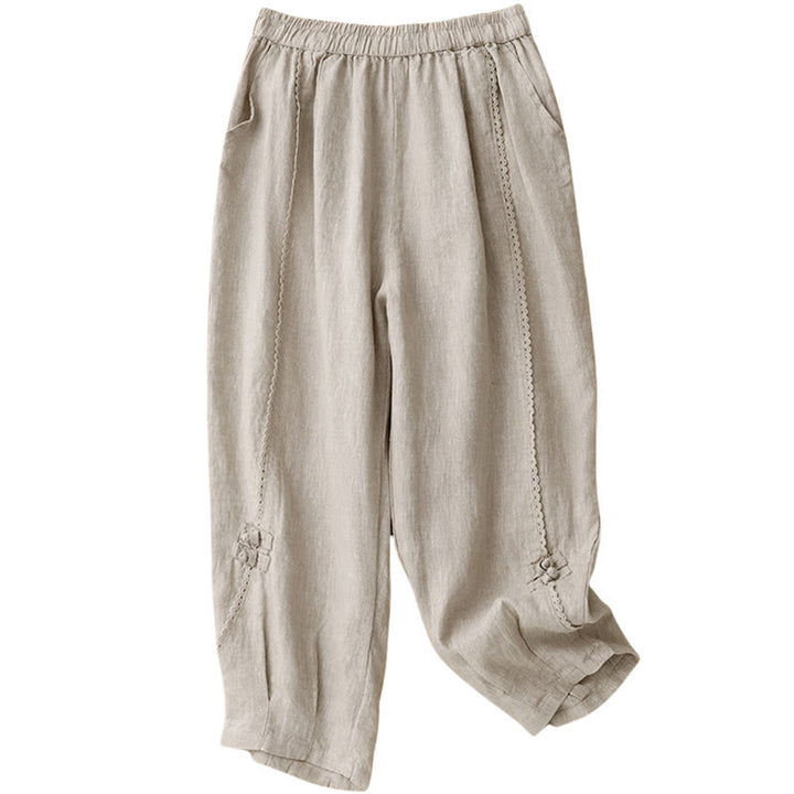 Buddha Stones夏用 カエルボタン レース ハイウエスト レディース コットンリネン パンツ ポケット付き