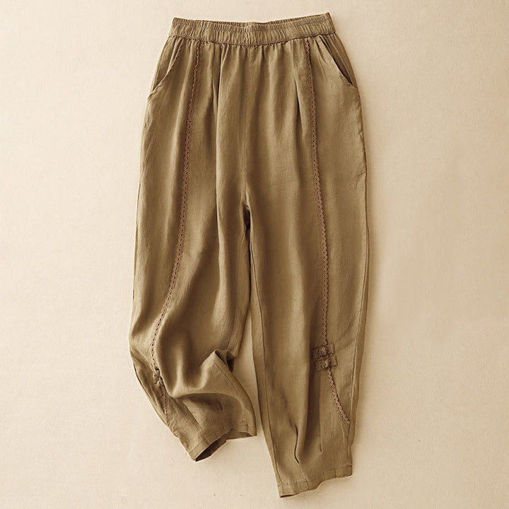 Buddha Stones夏用 カエルボタン レース ハイウエスト レディース コットンリネン パンツ ポケット付き