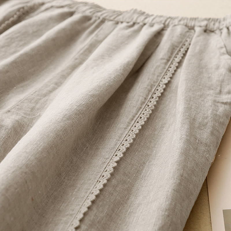 Buddha Stones夏用 カエルボタン レース ハイウエスト レディース コットンリネン パンツ ポケット付き - image 3