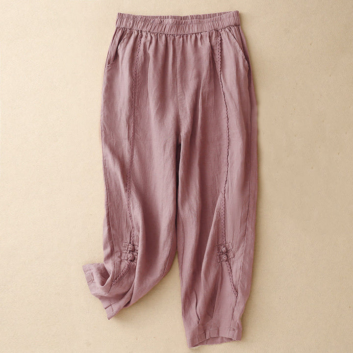 Buddha Stones夏用 カエルボタン レース ハイウエスト レディース コットンリネン パンツ ポケット付き