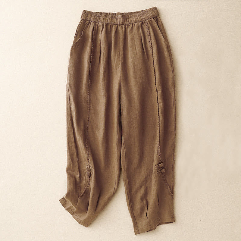 Buddha Stones夏用 カエルボタン レース ハイウエスト レディース コットンリネン パンツ ポケット付き