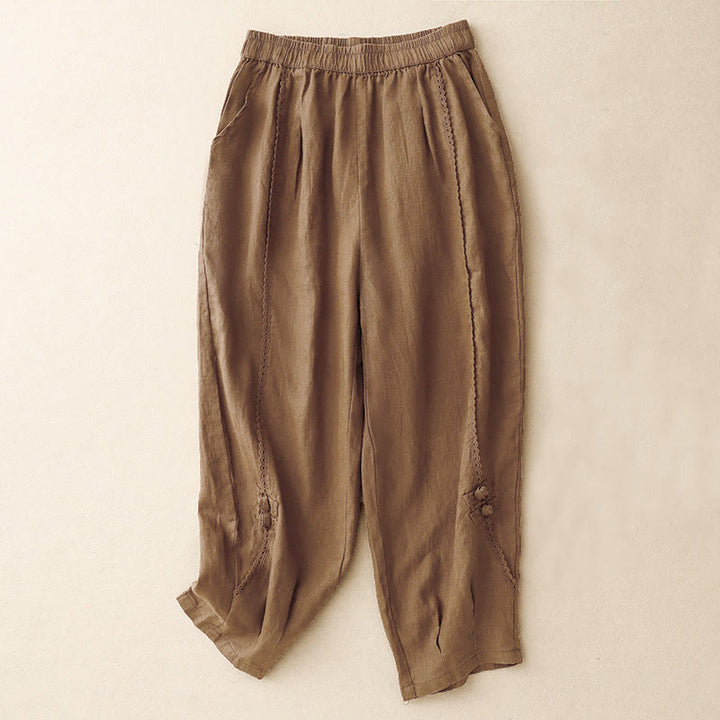 Buddha Stones夏用 カエルボタン レース ハイウエスト レディース コットンリネン パンツ ポケット付き
