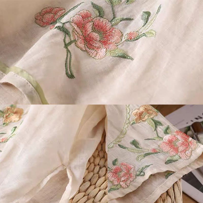 Buddha Stonesカジュアルヴィンテージ刺繍花柄中国風フロッグボタンクルーネックデザインレディースコットンリネンシャツ - image 1