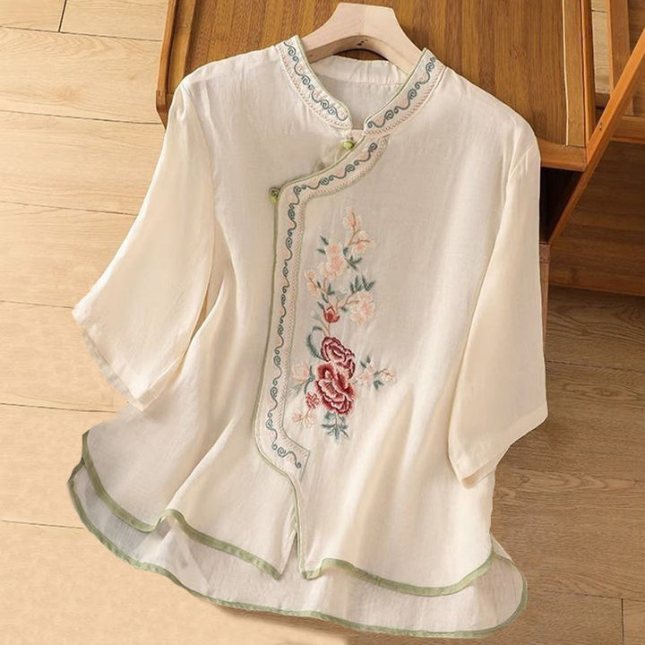 Buddha Stonesカジュアル エスニックスタイル 刺繍 花柄 カエルボタン スタンドカラー レディース コットンリネン シャツ - ベージュ - US14、 UK/AU18、 EU46 (4XL) - image 4
