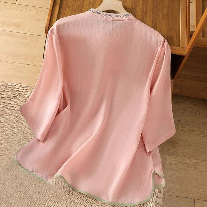 Buddha Stonesカジュアル エスニックスタイル 刺繍 花柄 カエルボタン スタンドカラー レディース コットンリネン シャツ - image 3