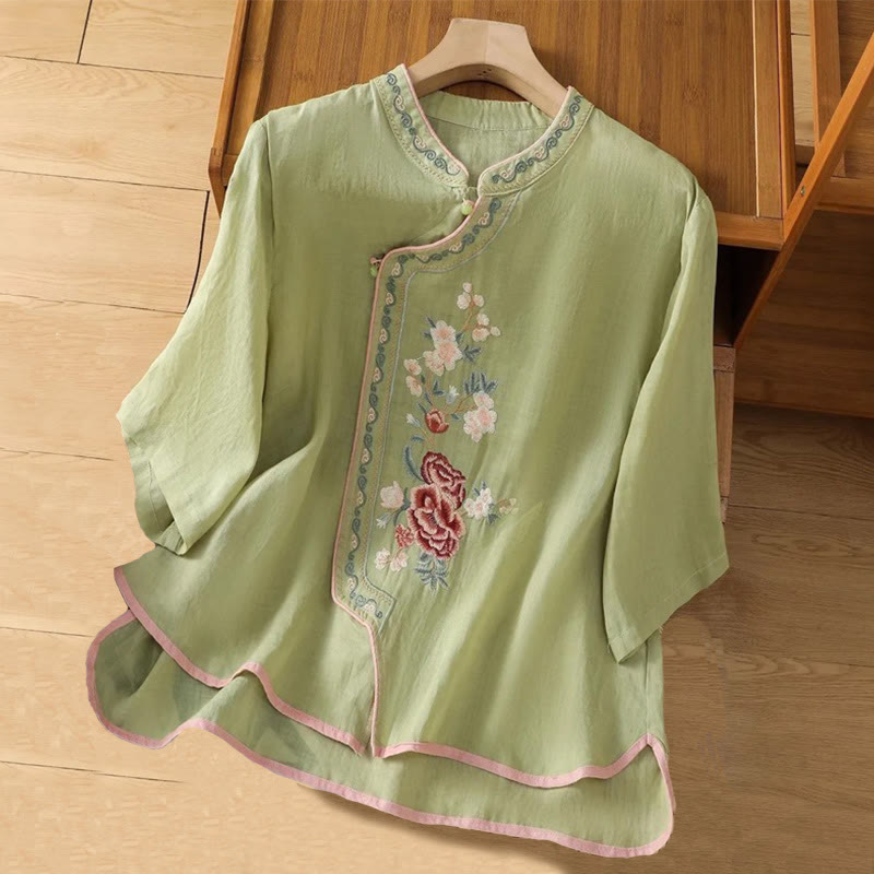 Buddha Stonesカジュアル エスニックスタイル 刺繍 花柄 カエルボタン スタンドカラー レディース コットンリネン シャツ - ライトグリーン - US14、 UK/AU18、 EU46 (4XL) - image 0