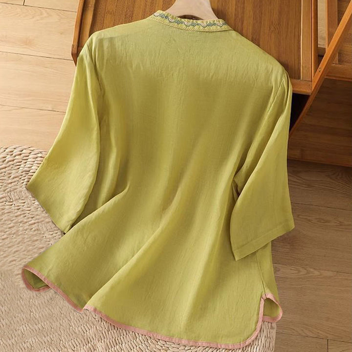 Buddha Stonesカジュアル エスニックスタイル 刺繍 花柄 カエルボタン スタンドカラー レディース コットンリネン シャツ - image 7