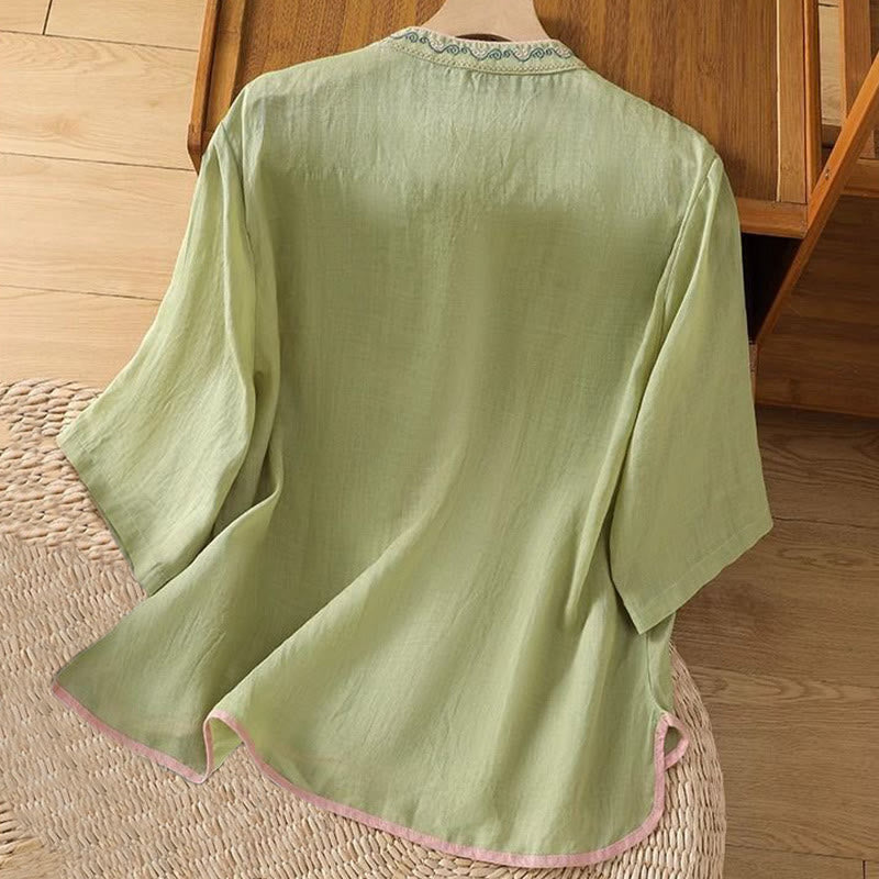 Buddha Stonesカジュアル エスニックスタイル 刺繍 花柄 カエルボタン スタンドカラー レディース コットンリネン シャツ - image 1