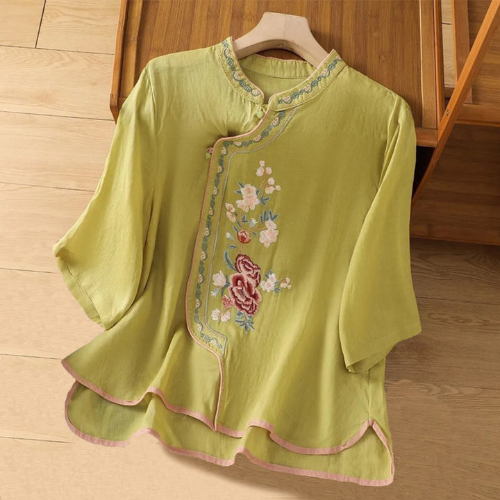 Buddha Stonesカジュアル エスニックスタイル 刺繍 花柄 カエルボタン スタンドカラー レディース コットンリネン シャツ - 黄緑 - US14、 UK/AU18、 EU46 (4XL) - image 6