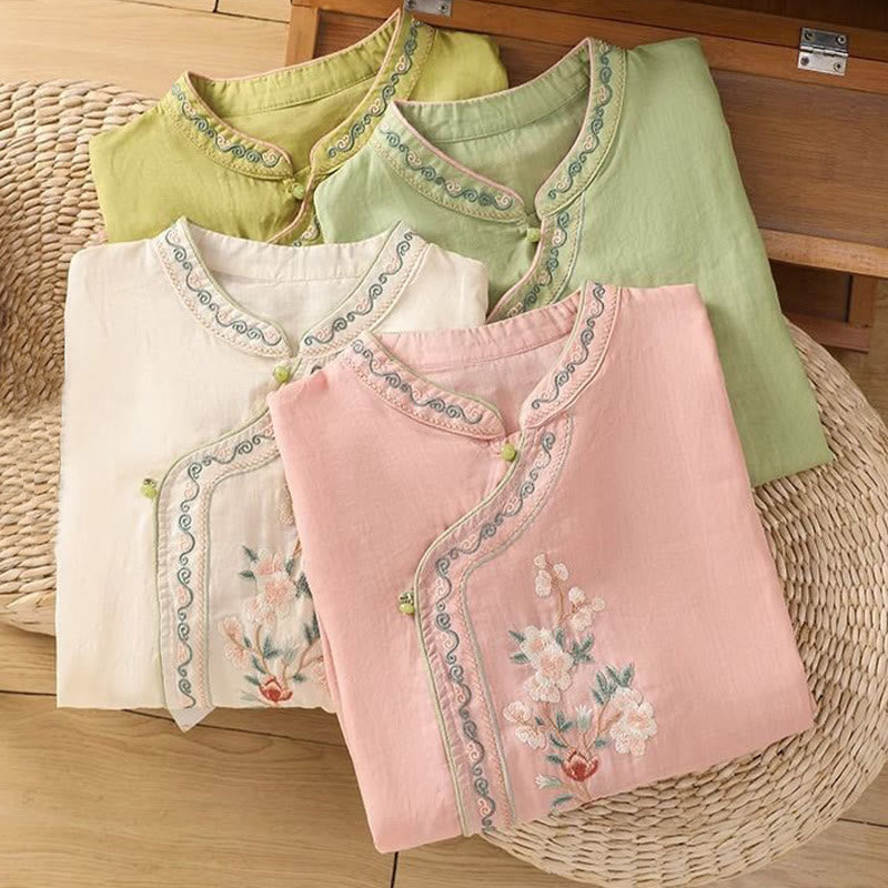 Buddha Stonesカジュアル エスニックスタイル 刺繍 花柄 カエルボタン スタンドカラー レディース コットンリネン シャツ - image 9