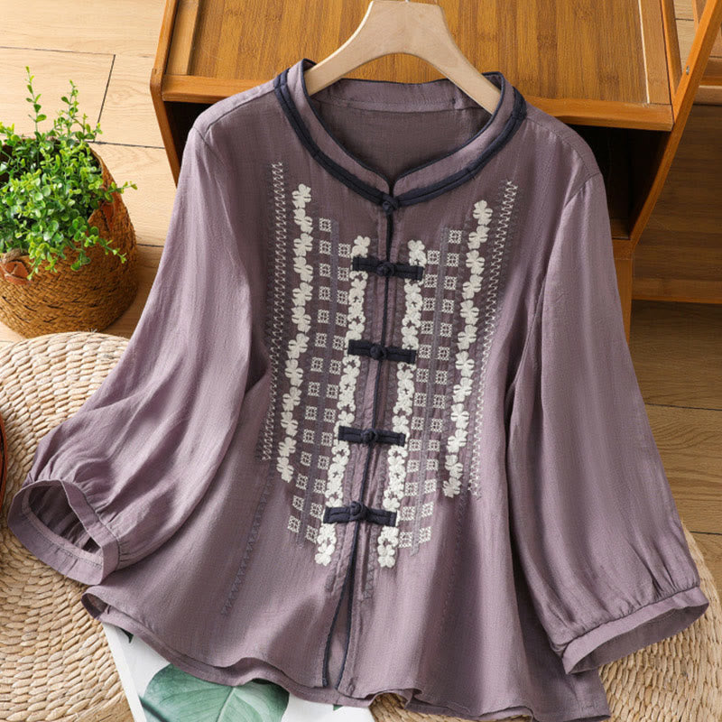 Buddha Stonesカジュアル刺繍花柄フロッグボタンリネンレディースシャツ
