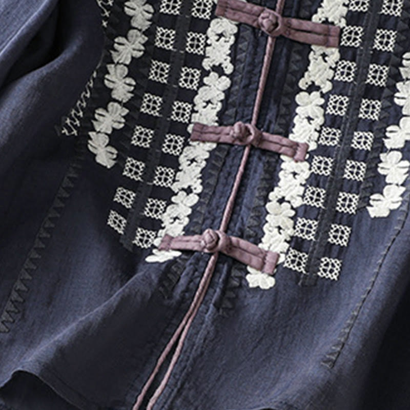 Buddha Stonesカジュアル刺繍花柄フロッグボタンリネンレディースシャツ