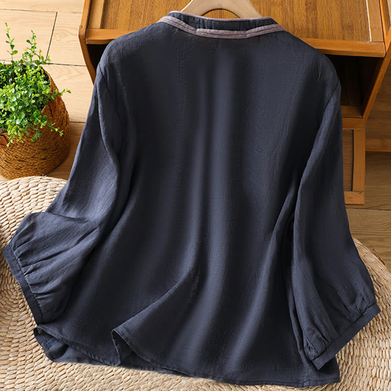 Buddha Stonesカジュアル刺繍花柄フロッグボタンリネンレディースシャツ