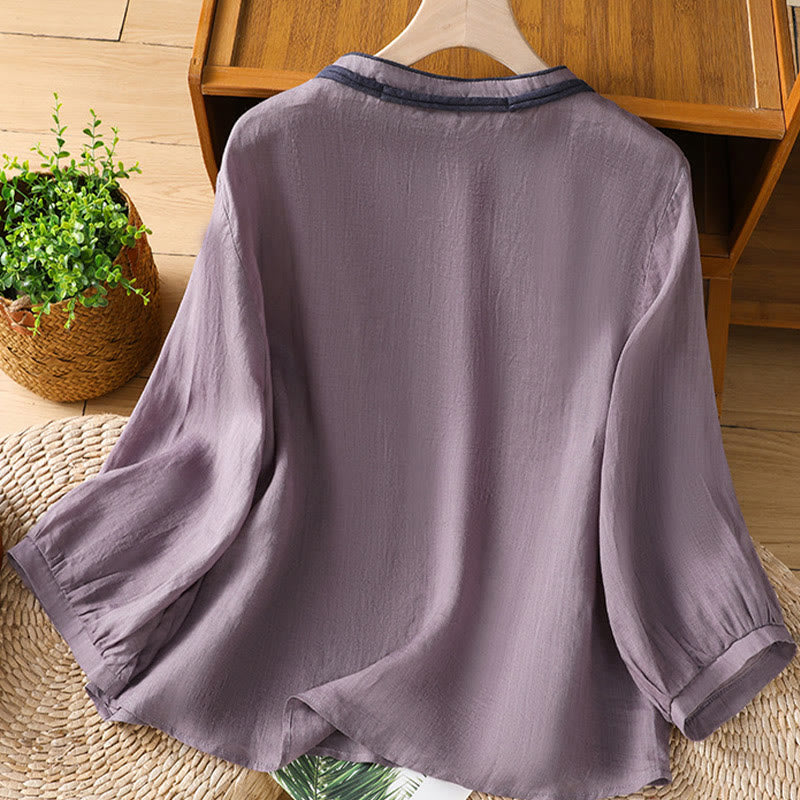 Buddha Stonesカジュアル刺繍花柄フロッグボタンリネンレディースシャツ