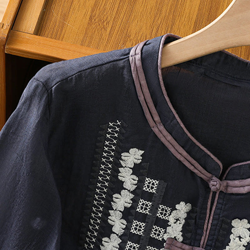 Buddha Stonesカジュアル刺繍花柄フロッグボタンリネンレディースシャツ