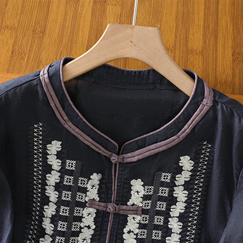 Buddha Stonesカジュアル刺繍花柄フロッグボタンリネンレディースシャツ