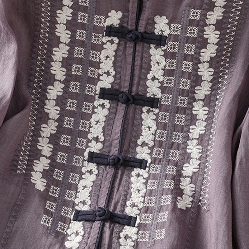 Buddha Stonesカジュアル刺繍花柄フロッグボタンリネンレディースシャツ