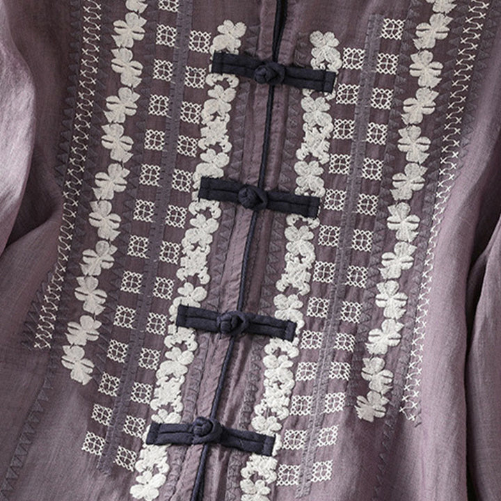 Buddha Stonesカジュアル刺繍花柄フロッグボタンリネンレディースシャツ
