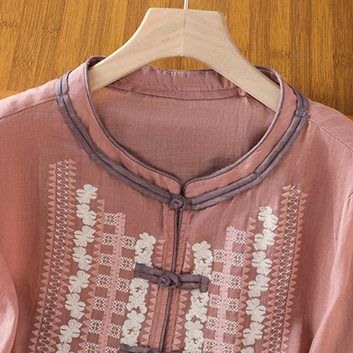 Buddha Stonesカジュアル刺繍花柄フロッグボタンリネンレディースシャツ