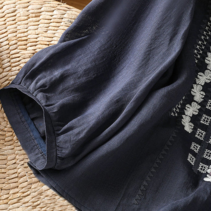 Buddha Stonesカジュアル刺繍花柄フロッグボタンリネンレディースシャツ