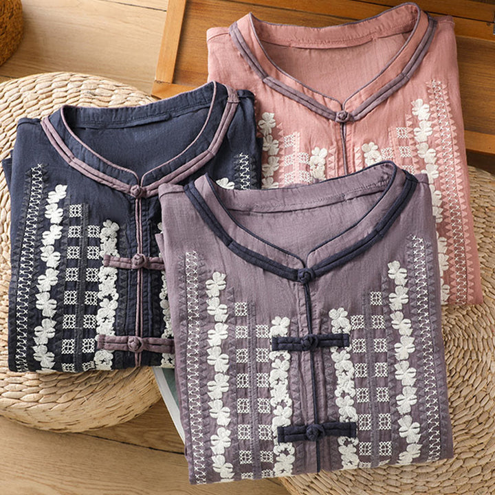 Buddha Stonesカジュアル刺繍花柄フロッグボタンリネンレディースシャツ