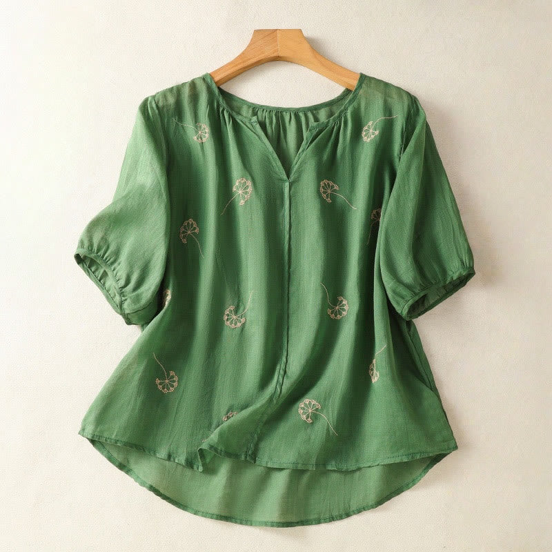 Buddha Stones夏 刺繍 タンポポの花 半袖 リネン レディース シャツ - ダークシーグリーン - US8-10，UK/AU12-14，EU40-42 (2XL) - image 0